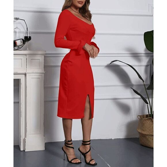 ❤️ Long Ruffle Sleeve Front Slit Bodycon Boat Neck Party Midi Red Dress M NEW - Picture 4 of 17